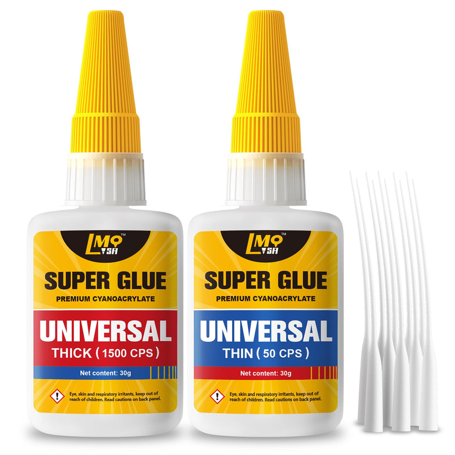 Super Glue Thin and Thick Liquid CA Glue Clear 60 Gram, All Purpose Superglue Cyanoacrylate Adhesive for Shoe Repair Ceramic Plastic Leather Glass Model Metal Wood Pottery Porcelain, Instant Bonding