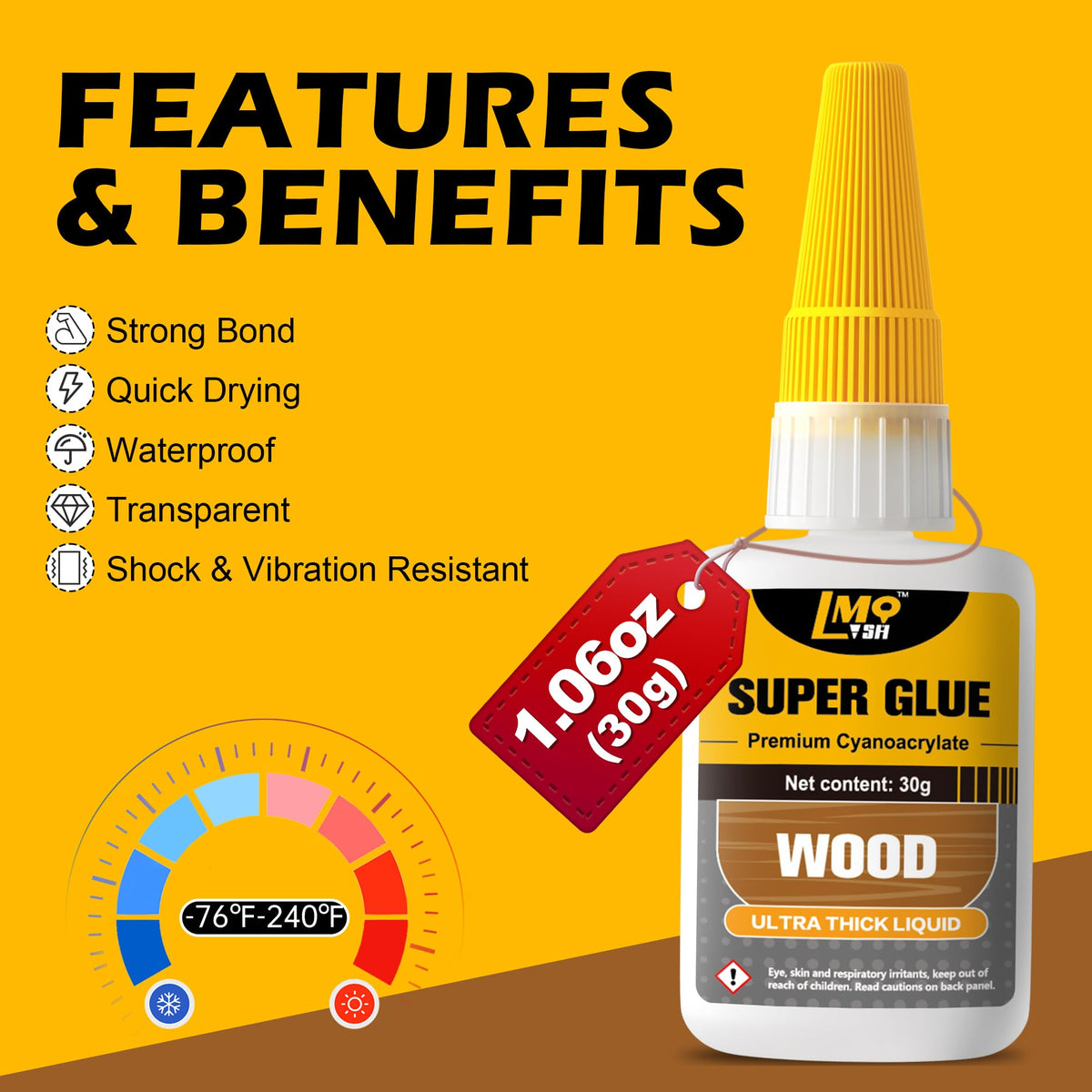 Wood Super Glue Liquid, Clear Instant Cyanoacrylate Adhesive for Wood Crafts Repair Woodworking, All Purpose CA Glue for Shoe Ceramic Plastic Leather Glass Model Metal Pottery Aquarium Porcelain Stone